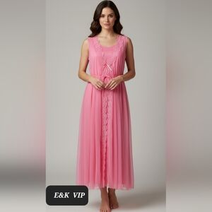 Vintage Nightgown pink W/ matching Robew/lace Trim. "Perri-Ann": (Fits S-L)